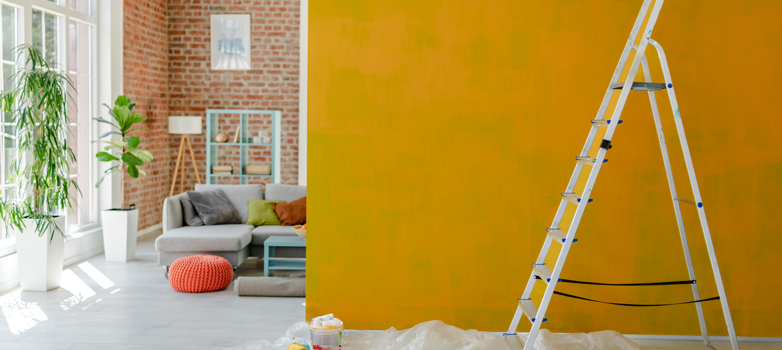 Cozy living room, ladder for painting
